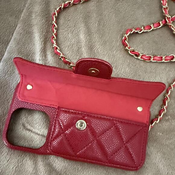 Luxury Quilted Phone Case with Chain Strap Red iPhone 13 Pro - Picture 2 of 5